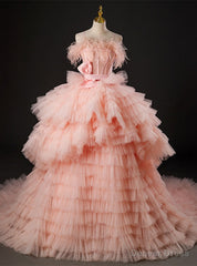 Pink Tulle Straps Feather Ball Gown Prom Dress