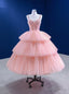 Pink Tulle Straps Tiers Beading Short Prom Dresses