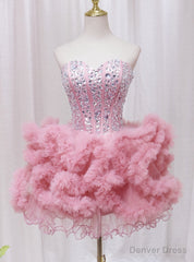 Pink Tulle Sweetheart Crystal Homecoming Dress