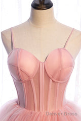 Pink Tulle Sweetheart Straps Long Formal Dresses, Pink Layers Party Dresses