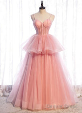 Pink Tulle Sweetheart Straps Long Formal Dresses, Pink Layers Party Dresses