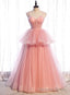 Pink Tulle Sweetheart Straps Long Prom Dress, Pink Layers Prom Dresses