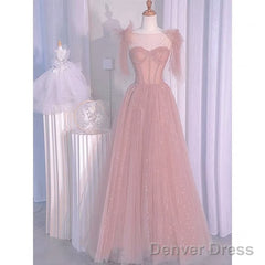 Pink Tulle Sweetheart Tulle With Pearls A-Line Prom Dress, Pink Long Evening Dress