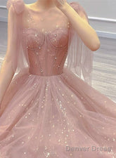 Pink Tulle Sweetheart Tulle With Pearls A-Line Prom Dress, Pink Long Evening Dress