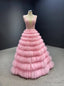 Pink Tulle Tiers V Neck Backless Beading Prom Dresses