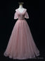 Pink Tulle V Neck Beading Sequins Princess Prom Dresses