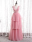 Pink Tulle V Neck Beading Sequins Prom Dresses