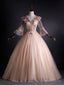 Pink Tulle V Neck Long Sleeve Embroidery Appliques Quinceanera Dresses