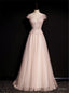Pink Tulle V Neck Pleats Beading Backless Prom Dresses
