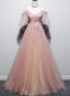 Pink Tulle V Neckline Floral Long Prom Dress, Pink Straps Prom Dresses