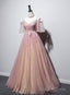 Pink Tulle V Neckline Off Shouler Chic Long Prom Dress, Pink Prom Dresses