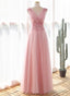 Pink Tulle V Neckline with Lace Long Prom Dress, Pink Tulle Prom Dresses