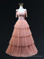 Pink Tulle Velvet Tiers Straps Prom Dresses