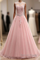 Pink Tulle With Lace Applique Ball Gown Open Back Evening Gown, Pink Formal Dresses