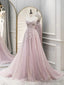 Pink Tulle with Lace Applique Long Prom Dress, Pink Sweetheart Prom Dresses