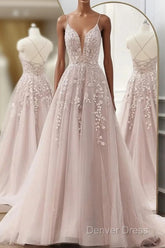 Pink Tulle With Lace Applique Low Back Prom Dresses, Pink A-Line Tulle Party Dresses