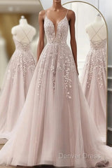 Pink Tulle With Lace Applique Low Back Prom Dresses, Pink A-Line Tulle Party Dresses