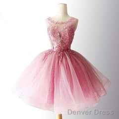 Pink Tulle With Lace Round Neckline Knee Length Party Dress, Pink Homecoming Dresses