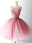 Pink Tulle With Lace Round Neckline Knee Length Prom Dress, Pink Homecoming Dresses