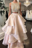 Pink Two Pieces Beaded Long Prom Dresses, Pink Evening Dresses