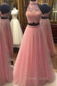 Pink Two Pieces Lace Tulle Long Prom Dresses, Pink Evening Dresses