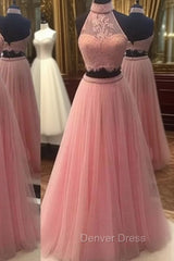 Pink Two Pieces Lace Tulle Long Prom Dresses, Pink Evening Dresses