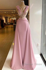 Pink V-Neck Fitted Satin Lace Long Prom Dresses