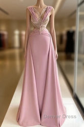 Pink V-Neck Fitted Satin Lace Long Prom Dresses