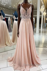 Pink v neck lace chiffon long prom Dresses, pink formal Dresses