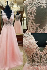 Pink V Neck Lace Long Prom Dresses, Pink Evening Dresses