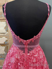 Pink V Neck Lace Long Prom Dresses, Pink V Neck Long Lace Formal Graduation Dresses