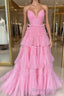 Pink V Neck Layers Tulle Long Ball Gown,Light Blue A Line Spaghetti Strap Evening Dresses