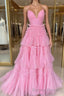 Pink V Neck Layers Tulle Long Ball Gowns,Light Blue A Line Spaghetti Strap Prom Dresses