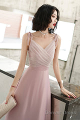 Pink V-Neck Long Prom Dress, Simple Spaghetti Straps Evening Dress