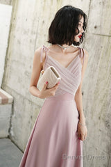 Pink V-Neck Long Prom Dress, Simple Spaghetti Straps Evening Dress