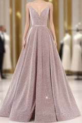 Pink V Neck Sequin A Line Prom Dresses With Slit