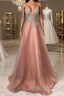Pink v neck tulle beads long prom Dress pink Prom Dresses