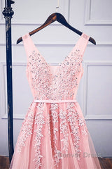 Pink V Neck Tulle Lace Applique Long Prom Dresses, Pink Bridesmaid Dresses