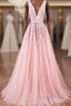 Pink V Neck Tulle Lace Applique Long Prom Dress, Pink Bridesmaid Dresses
