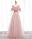 Pink v neck tulle lace long prom Dress pink bridesmaid Dresses