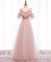 Pink v neck tulle lace long prom dress pink bridesmaid dress