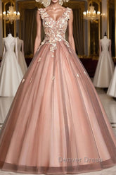 Pink v neck tulle lace long prom Dresses pink tulle formal Dresses