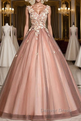 Pink v neck tulle lace long prom Dresses pink tulle formal Dresses