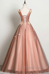 Pink v neck tulle lace long prom Dresses pink tulle formal Dresses