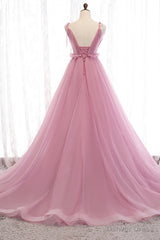 Pink V-Neck Tulle Long Prom Dress, A-Line Formal Evening Dress