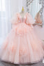 Pink V Neck Tulle Long Prom Dress, A Line Puff Sleeve Princess Dresses