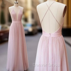 Pink V Neck Tulle Long Prom Dresses, Evening Dresses