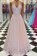 Pink v neck tulle sequin long prom Dresses pink tulle formal Dresses