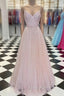 Pink V Neck Tulle Sequin Long Prom Dress Pink Tulle Prom Dresses