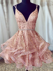 Pink V Neck Tulle Short Prom Dress, Pink Homecoming Dress
